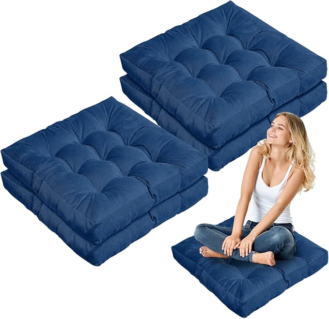 Jerify 4 Pcs Floor Pillow Cushions Large Round Square Large Meditation Floor Pillow for Classroom Adult Meditation Picnic Party Seating Learning Daycare School (Square,Navy Blue)