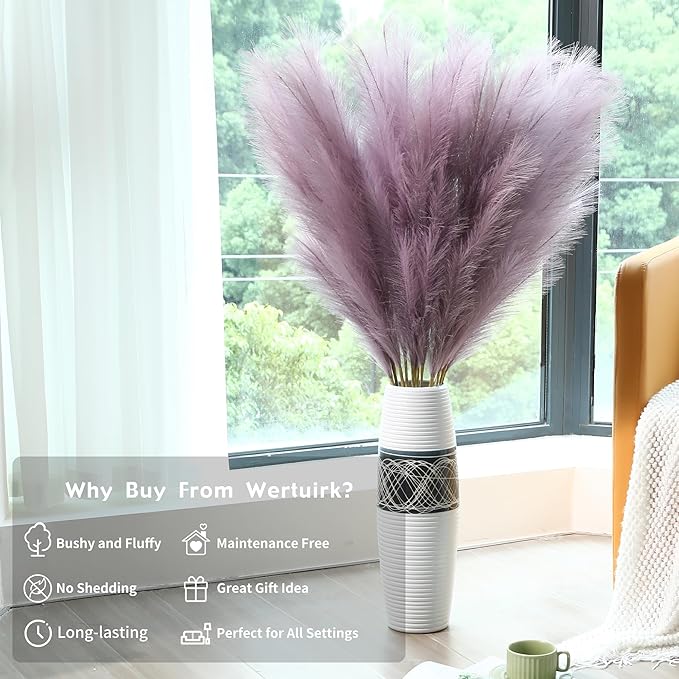Wertuirk Purple Pampas Grass Decor - 45-Inch Set of 8 | Large Faux Pampas Grass Soft and Fluffy | Big Artificial Fake Flower | Perfect for Wedding Centerpieces, Baby Shower and House Decor