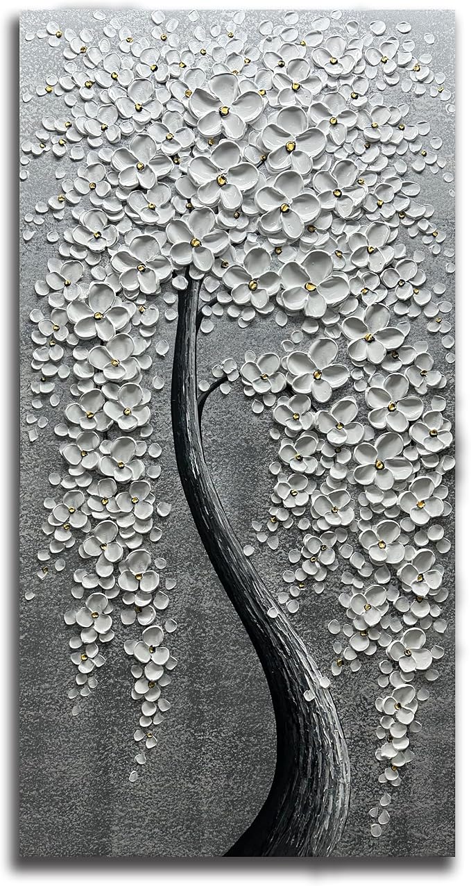 Yika Art Paintings - 24X48 Inch 3D White Flower Tree Wall Art Abstract Textured Knife Platte Acrylic Painting on Canvas 3D Flowers Tree Paintings Ready to hang