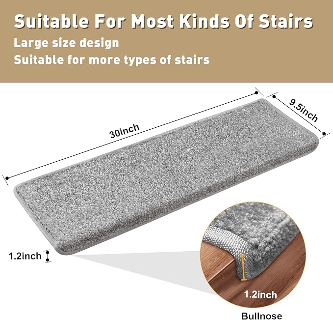 PURE ERA Bullnose Carpet Stair Treads Set Tape Free Non-Slip Indoor Stair Protectors Pet Friendly Rugs Covers Soft Skid Resistant Washable Reusable 9.5" x 30"(7 Pieces,Gray)