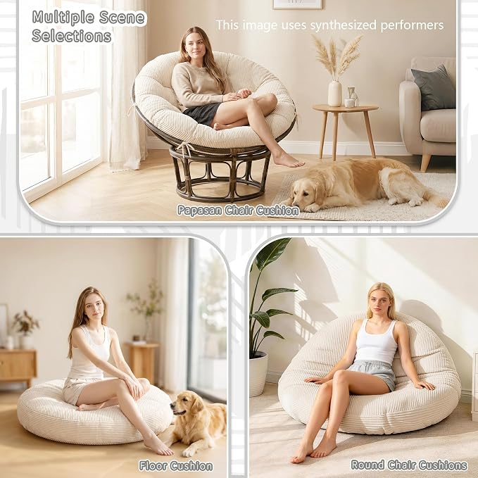 Yddsky Papasan Round Chair Cushions(Without Chair),White,48 x 48 x 6Inch | Detachable Corduroy Cover，Memory Foam Filling，Oversized Round Chair Pad