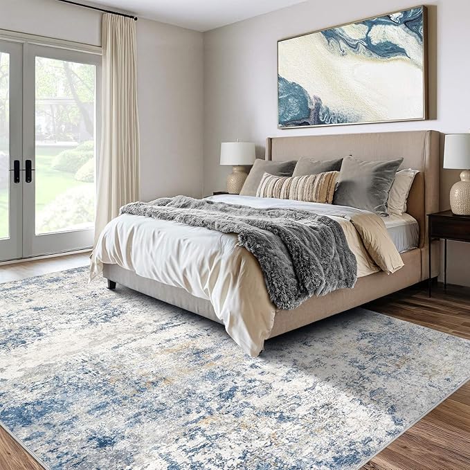 DMOYEST Area Rug Living Room Rugs - 10x12 Abstract Large Soft Indoor Washable Rug Neutral Modern Low Pile Carpet for Bedroom Dining Room Farmhouse Home Office - Blue