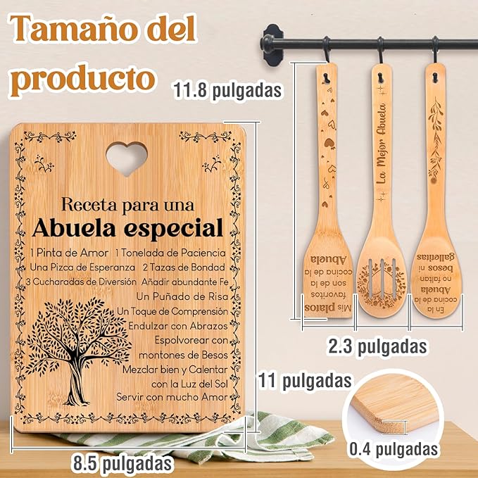Regalos de cumpleaños para Abuela - "Receta para una Abuela especial". Juego de tablas de cortar y utensilios de bambú grabados. Regalos de cumpleaños para Abuela. Spanish Grandma Cutting Board