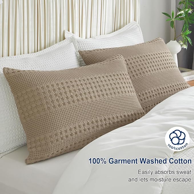PHF 100% Cotton Waffle Pillow Shams King Size, 2 Pack 20" x 36" Soft Skin-Friendly Pillowcases, No Filling, Aesthetic Woven and Breathable Waffle Weave Pillow Case Covers for Bed, Simply Taupe