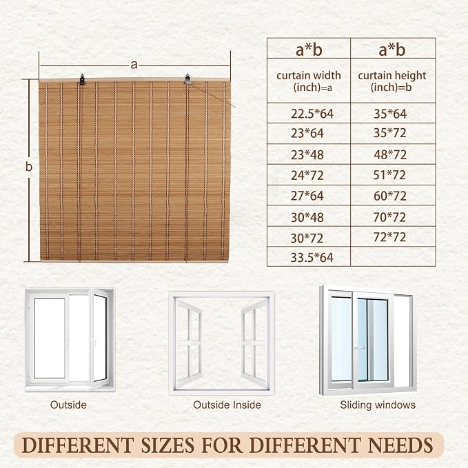 FoundGo 23" W*48" H Bamboo Roller Blinds Sun Shade, Light Filtering Curtain for Windows and Doorways, Retro Roll Up Window Shade