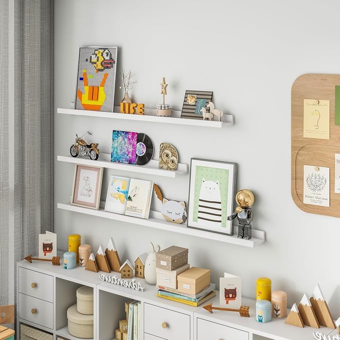 FLYJOE Picture Ledge Shelf for Wall, 36 inch Solid Ash Wood Nursery Book Shelves 2 Packs, Floating Shelves for Kids' Room Bedroom Bathroom Living Room Photo Frames Office Nursey Wall Decor, White