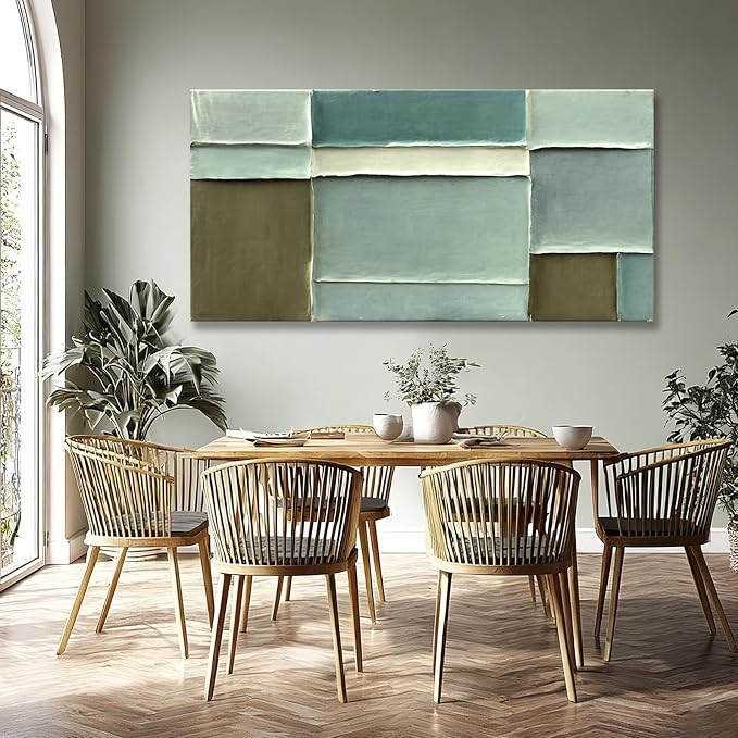 Hue7Art Modern Abstract Green Canvas Wall Art Soft Neutral Color Hand Painting Block Design Minimalist Artwork for Living Room Bedroom Office Contemporary Decor 29x58 Inch