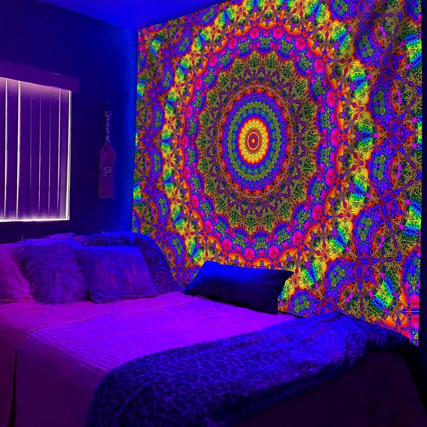 PSYHILAR Blacklight Mandala Boho Tapestry, Black Light Bohemian Hippie Poster for Adults and Teens, Aesthetic Colorful UV Reactive Wall Art Decor for Bedroom (60 x 50 Inches)