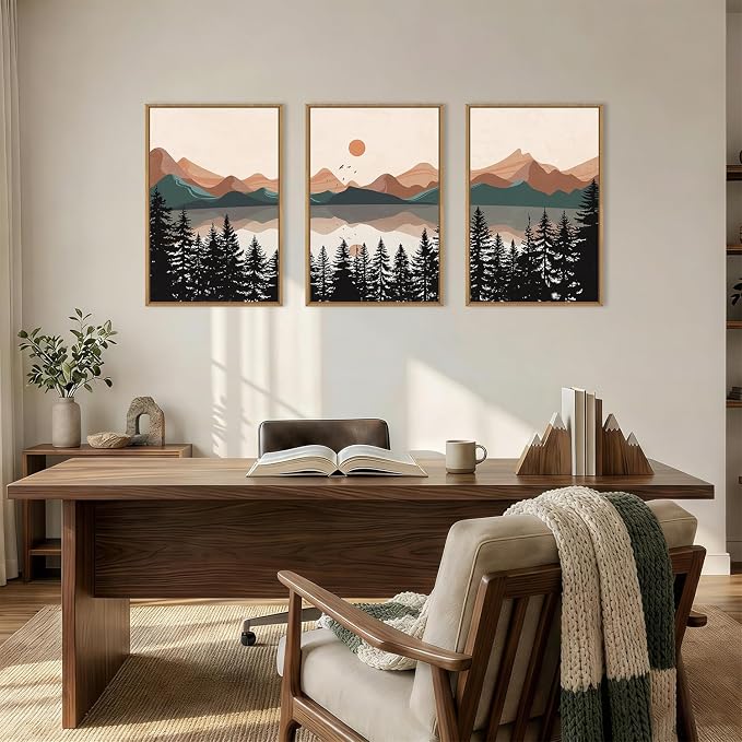 KAIRNE Boho Mountain Sunset Framed Canvas Wall Art Set,Colorful Mid Century Forest Wall Decor,Beige Nature Pine Tree Art Prints,Abstract Modern Landscape Artwork for Living Room,Bedroom,Farmhouse,Office-16"x24"x3