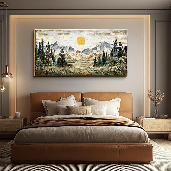XIGUANGART Large Framed Canvas Print Wall Art,Wall Decor for Living Room,Mountain Pictures,Forest Wall Art,Modern Rustic Farmhouse Landscape Paintings for Bedroom Office Home Decoration, 20x40 IN
