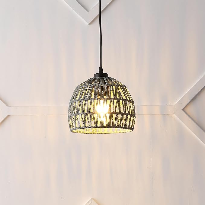 JONATHAN Y 8.25" Gray Modern Bohemian Woven Rope LED Pendant Light Fixture, Adjustable Dome Ceiling Lamp for Kitchen Island, Rope Shade, Coastal Farmhouse Decor (JYL6512D)