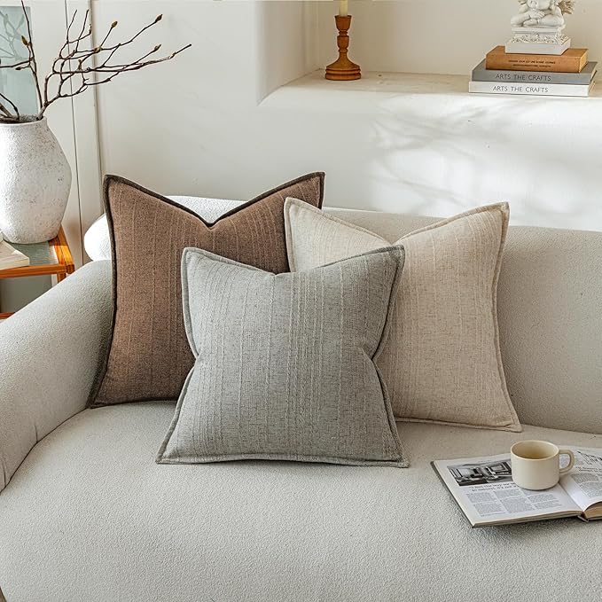 a moment Linen Pillow Covers Set of 2,Boho Farmhouse Throw Pillowcases Neutral Textured Decorative Covers for Couch Sofa,Soft Linen Blend Accent Case Cushion Living Room Home Decor 18"x18"Hazel