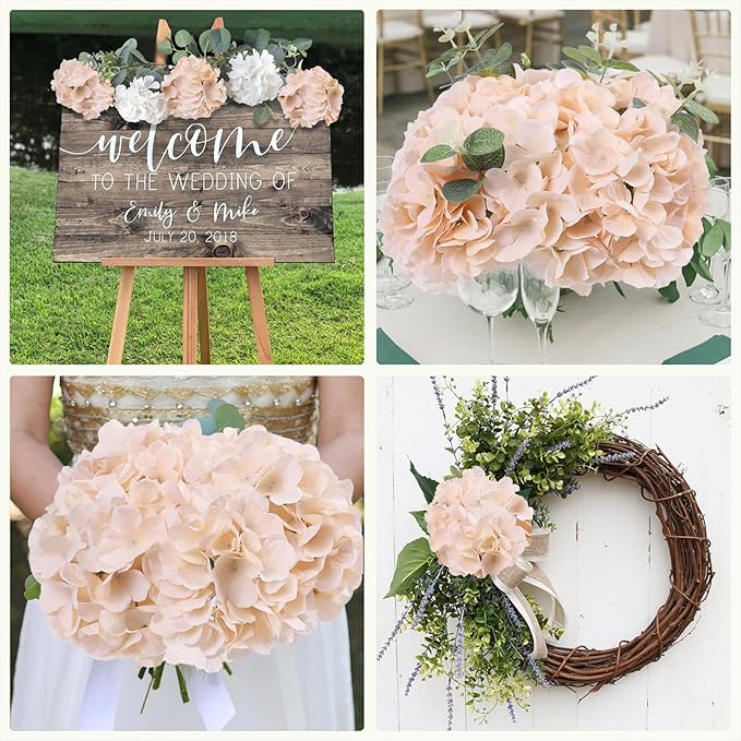 AVIVIHO 65pcs Fake Flowers Champagne Hydrangea Artificial Flowers Bulk (Not Squished, No Steaming Need) Silk Flowers with Stems for Wedding Decor,Home,Baby Shower,Table Centerpieces Decoration