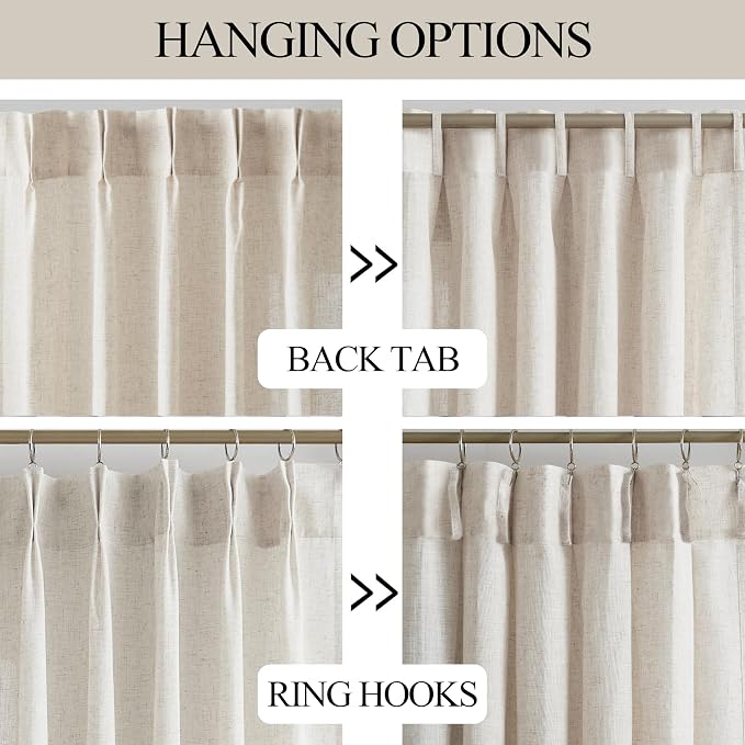 Vision Home Natural Pinch Pleated Semi Sheer Curtains Textured Linen Blended Light Filtering Window Curtains 95 inch for Living Room Bedroom Pinch Pleat Drapes with Hooks 2 Panels 42" Wx95 L