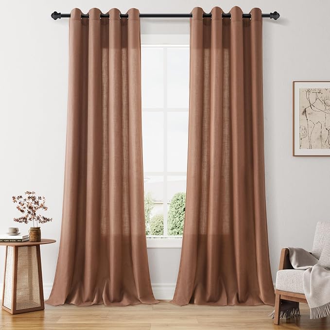 Cappuccino Linen Curtains 96 Inches Length for Living Room Grommet Top Design Semi Sheer Light Filterinig Bedroom Window Panels Modern Farmhouse Minimalist Room Decor Sheer Drapes 52x96, 2 Panels