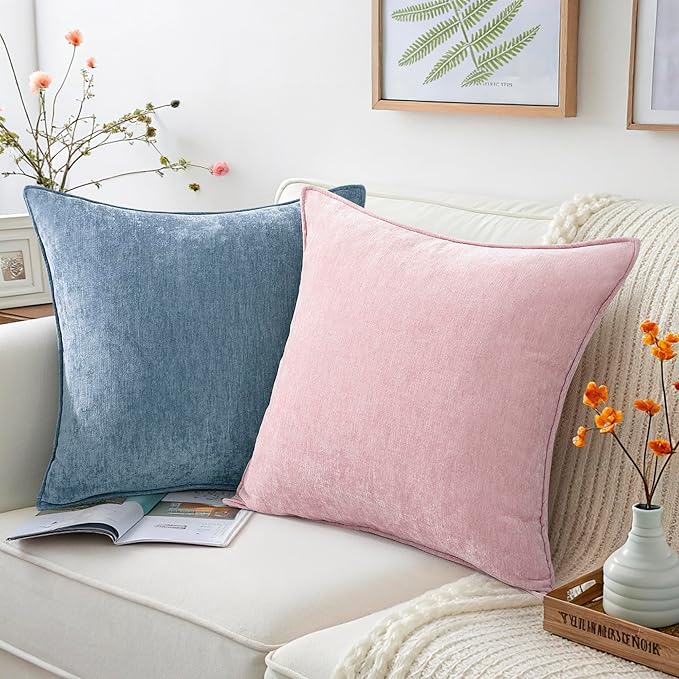 decorUhome Summer Couch Euro Sham Throw Pillow Covers 26x26 Set of 2, Decorative Soft Velvet Modern Cozy Chenille Pillow Cases with Elegant Design for Sofa Bed Living Room Home Decor, Blue Grey
