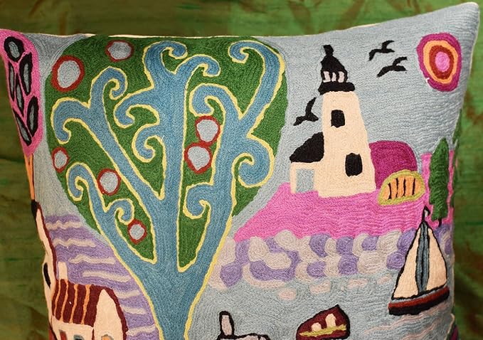 Green Coastal Pillow Cover Blue Nautical Accent Throw Pillowcase Karla Gerard Accent Cushion Floral Tree Chair Pillowsham Mid Century Modern Couch Hand Embroidered Wool 18x18 Inch
