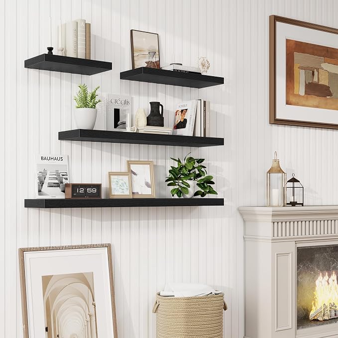 36in Floating Shelves for Wall, 36"W x 9.25"D x 1.25"H, 2 Pack Long Wall Mounted Engineered Wood Shelves with Invisible Brackets for Living Room, Bedroom, Bathroom, Kitchen Decor and Storage, Black