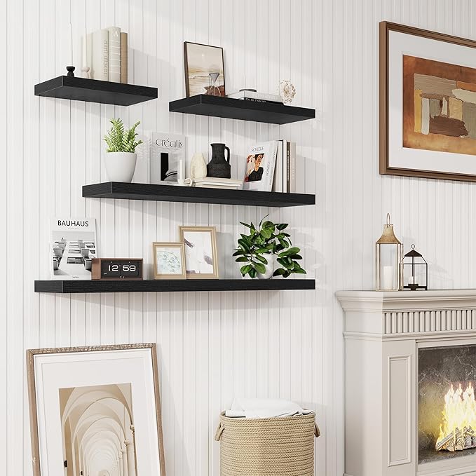 72in Floating Shelves for Wall, 72"W x 9.25"D x 1.5"H, Long Wall Mounted Engineered Wood Shelves with Invisible Brackets for Living Room, Bedroom, Bathroom, Kitchen Decor and Storage, Black
