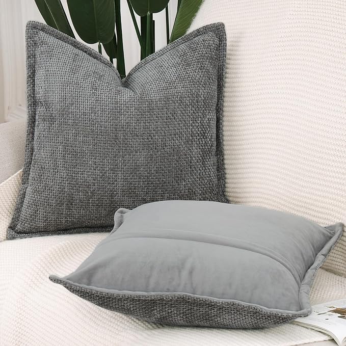 MADIZZ Decorative Chenille Velvet Throw Pillow Covers Set of 2 Soft Boho Textured Neutral Couch Throw Pillow for Bed Modern Farmhouse Home Decor for Sofa Livingroom Dark Grey 18x18 Inch