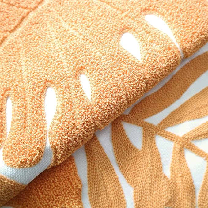 Embroidery Throw Pillow Covers 18x18 Home Decor Floor Pillow Cover for Couch Bed Chair 100% Cotton Loop Embroidered Orange Tropical Leaves Cushion Cover Square Pillowcase 45x45cm, 1 Piece