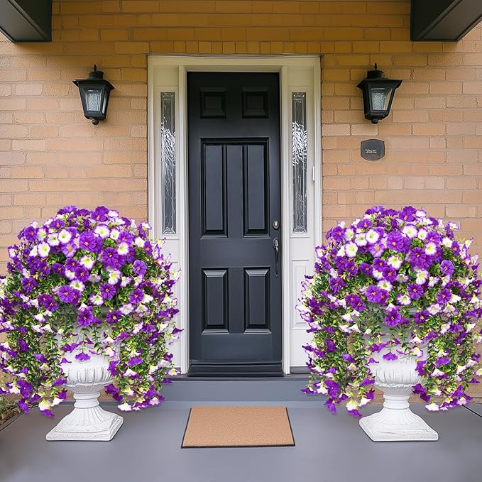 Dolicer 4 Packs Look Real Artificial Flowers for Outdoors, Fake Artificial Hanging Flowers for Outdoors Realistic UV Resistant Hanging Flowers Silk Petunia Faux Flowers for Porch Patio (Mixed Purple)