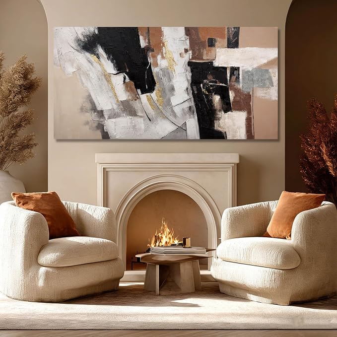 MLART99 Large Abstract Canvas Wall Art Black White Gold and Brown Geometric Painting Textured Modern Artwork for Bedroom Living Room Home Decor 29x58 Inch
