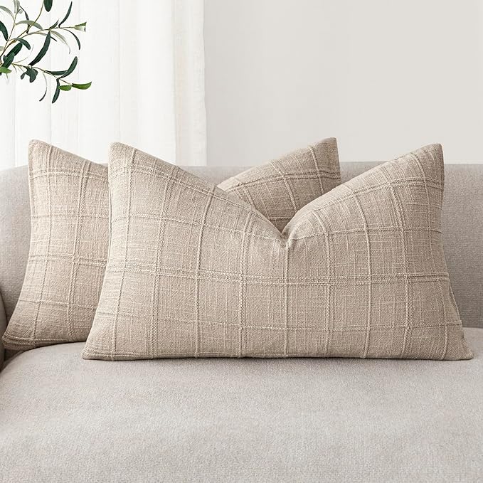 Foindtower Set of 2 Decorative Linen Check Throw Pillow Covers Neutral Farmhouse Lumbar Cushion Covers Modern Boho Home Decor for Sofa Chair Couch Bedroom Living Room,12×20 Inch,Natural Linen