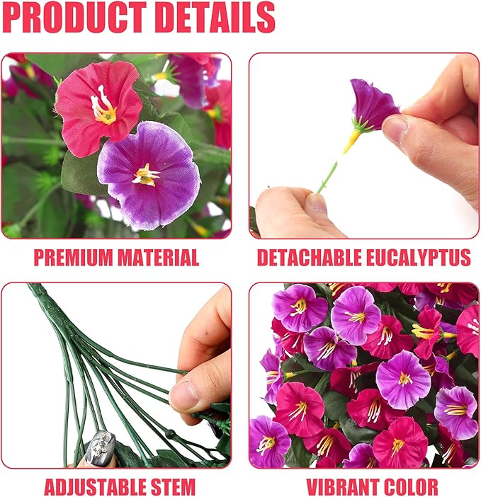 Artificial Fake Hanging Flowers Plants for Outdoor Outside Spring Summer Decoration 2PCS Faux Silk UV Resistant Realistic Morning Glory Trailing Vines for Home Porch Patio Balcony(Rose red & Magenta)