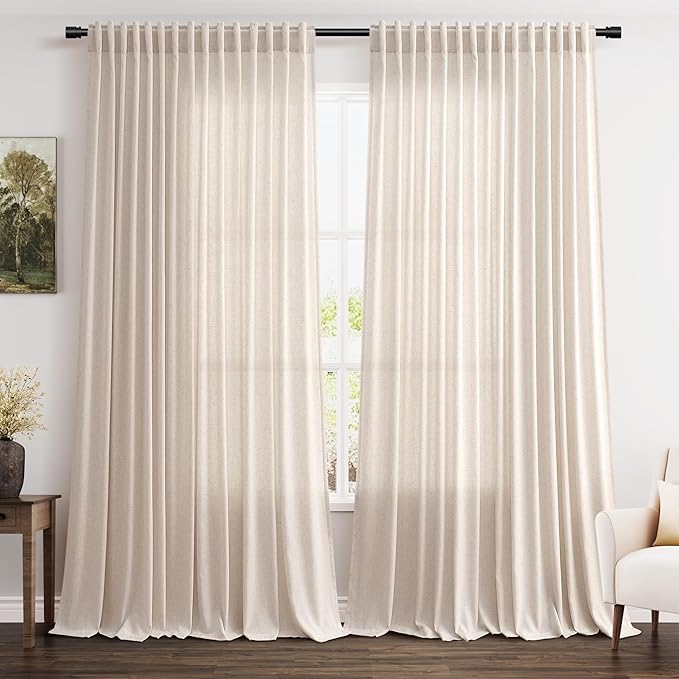 Nanspring Extra Wide 100x96 Inch Linen Curtains for Living Room Divider Light Filtering Semi Sheer Patio Curtains for Sliding Door Beige Coastal Decor Sunroom Floor to Ceiling Window Curtain Panel