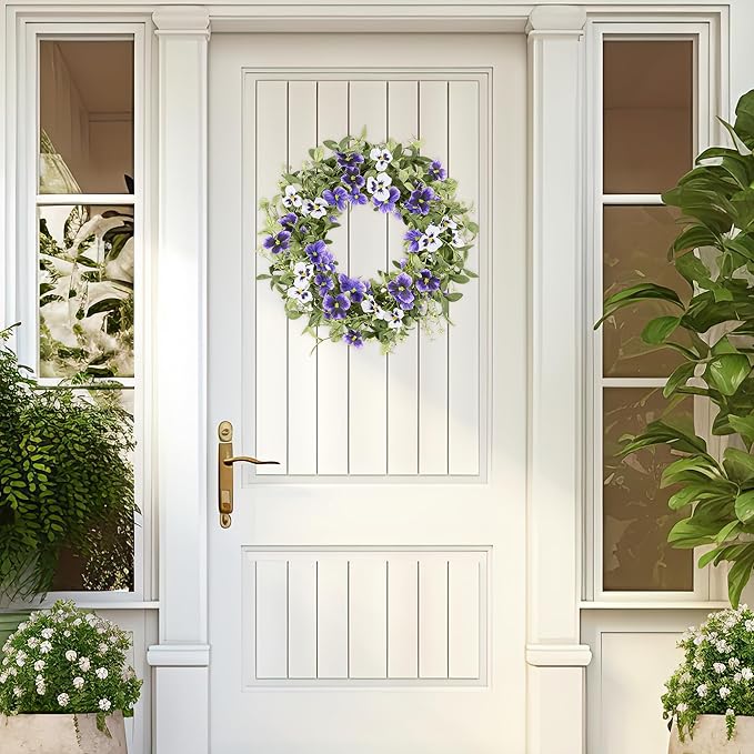 YNYLCHMX 18" Spring Summer Wreaths for Front Door, Artificial Floral Wreath with Purple Pansy Flowers Green Eucalyptus Leaves, Green Foliage Wreath for Wall Window Farmhouse Party Holiday Home Decor
