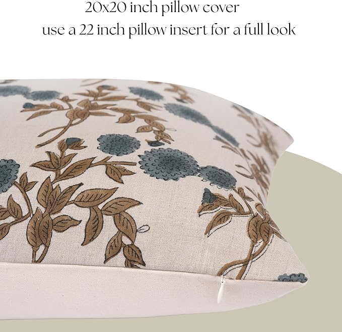 Linen Blue Throw Pillow Covers 20x20 inch Floral Pillows Spring Decorative Pillow Covers for Living Room Bedroom