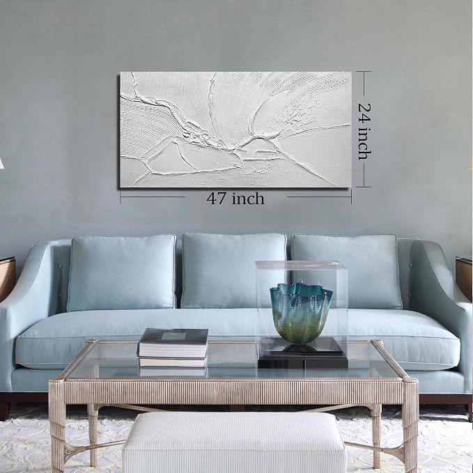 Modern Hand Painted Wall Art for Dining Room White Pictures for Bedroom Abstract Living Room Wall Decor Size 24 x 47 Inch