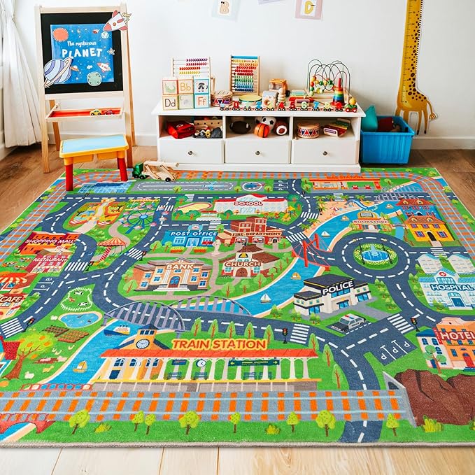 Car Rug Play Mat for Kids Toy Cars, Road Traffic Playmat for Kid Bedroom, Non-Slip Machine Washable Town City Race Track Carpet for Learn and Have Fun 5'x7'/ 60"x84"