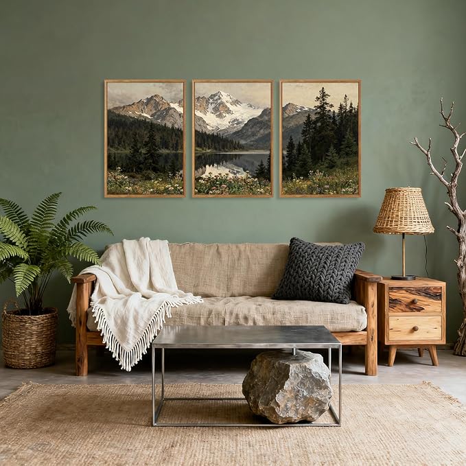 TOARTi Large Framed Snowy Mountain Forest Canvas Wall Art Set,Woodland Forest Lake Landscape Wall Decor,Modern Natural Green Wildflower Art Prints for Farmhouse Living Room Bedroom Office-24”x35”x3