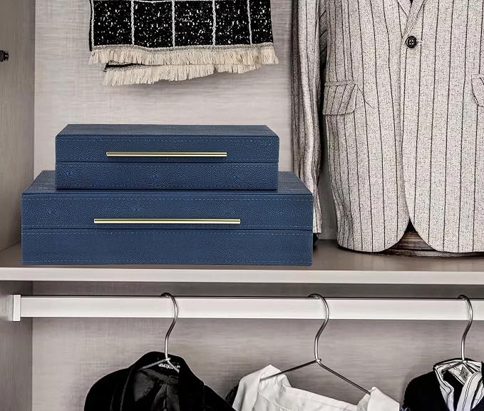 HofferRuffer Faux Leather Decorative Boxes Set of 2, Large Nesting Keepsake Box Accessory Organizer Jewelry Organizer with Hinged Lid, Stacking Storage Box Container for Home or Office (Navy Blue)
