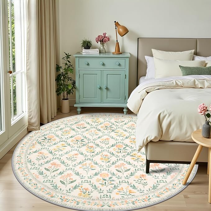 Round Area Rug for Living Room: 8 ft Floral Washable Circle Rug Soft Boho Non-Slip Carpet Indoor Floor Stain Resistant Low Pile Small Circular Rug for Bedroom Entryway Kitchen Nursery Beige/Multi