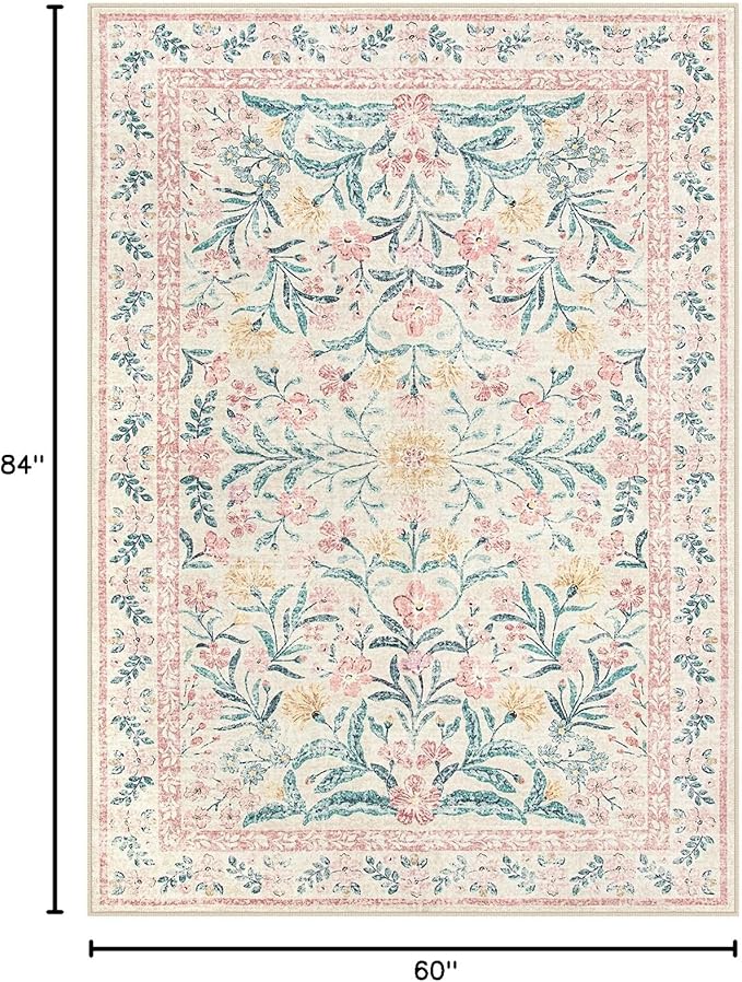 Wonnitar Pink Rugs for Nursery, 5x7 Washable Rug for Bedroom Girls, Boho Soft Floral Carpet Non Slip, Indoor Ultra-Thin Floor Carpet for Baby Kids Room Living Room Dorm Decor