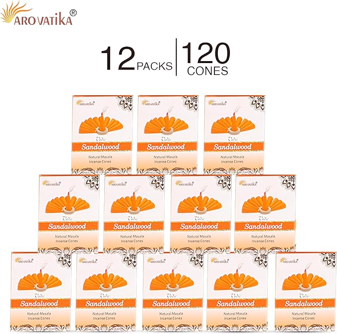 ARO VATIKA Vedic Sandalwood Natural Masala 120 Incense Cones in Pack of 12 Boxes |12 Assorted Fragrances Dhoop Cones | Best for Prayer, Reiki, Meditation and Relaxation | Burn time- 25 Mins
