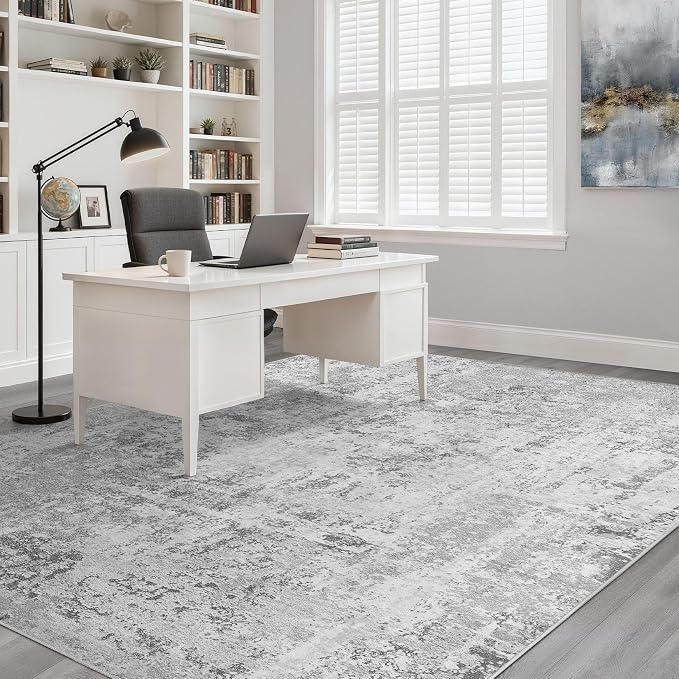9x12 Area Rug Living Room: Washable Large Neutral Rug Abstract Soft Modern Stain Resistant Indoor Floor Non-Slip Carpet for Bedroom Nursery Kids Office Playroom Dining Room Under Table- Light Gray