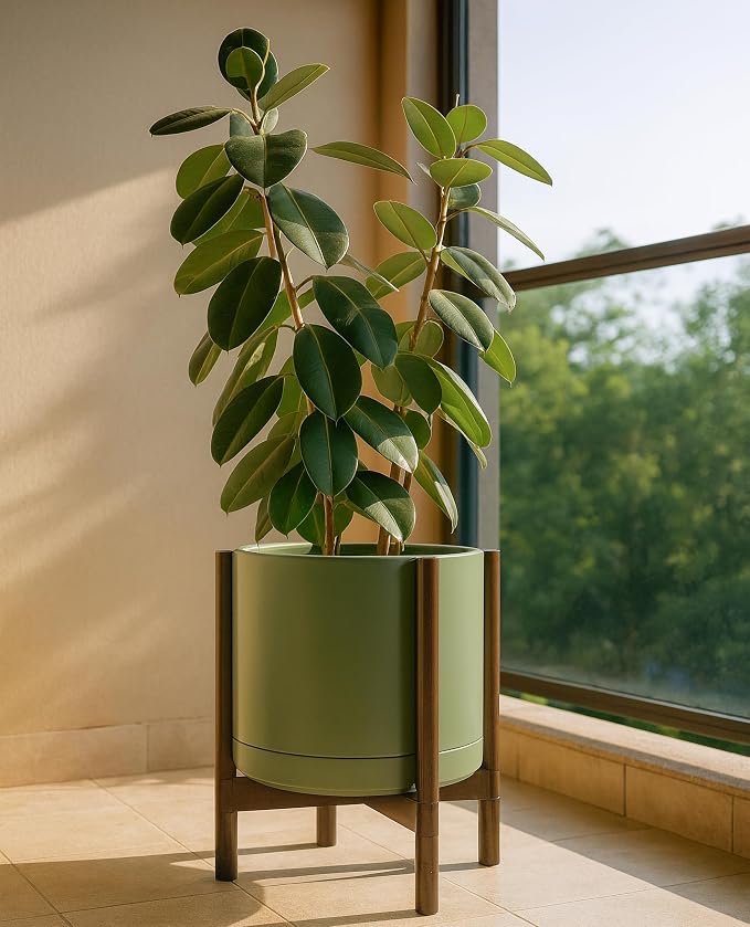 D'vine Dev Ceramic Planter with Walnut Color Stand - 14 Inch Modern Round Flower Pot with Wood Planter Holder, Olive, 55-B-T-J