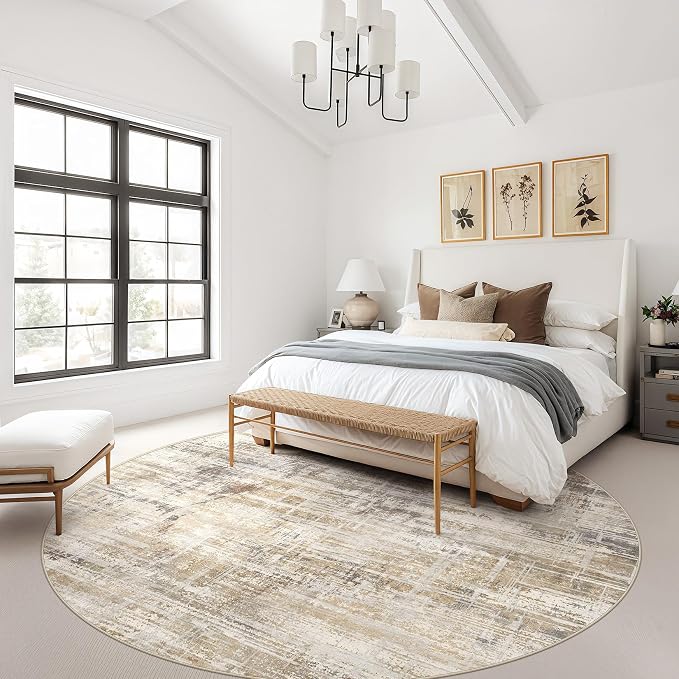 UERMEI 8ft Round Area Rug for Living Room: 8x8 Washable Neutral Abstract Modern Soft Circle Rugs Non Slip Indoor Floor Stain Resistant Carpet for Bedroom Dining Room Office Nursery Golden Brown