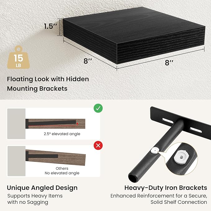 Fun Memories Floating Shelves for Wall, Rustic Wood Wall Mounted Shelves for Bathroom, Bedroom, Living Room & Kitchen, Storage Display Shelves, (Set of 4, Black, 8 in)