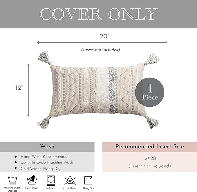 BlissBlush 12x20 Lumbar Pillow Cover, Cream Neutral Rectangular Decorative Cushion Cover with Gray Pattern, Boho Accent Pillowcase with Tassels for Couch Sofa Living Room (Cover Only)