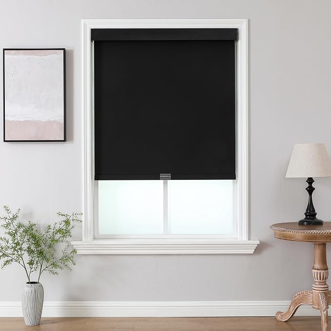 Joydeco 100% Blackout Roller Shades (Pro), Free-Stop Cordless Blinds for Windows, UV Protection, Natural Woven Blinds for Home and Office, Light-Proof Aluminum Cover (Black, 60" W x 75" H)