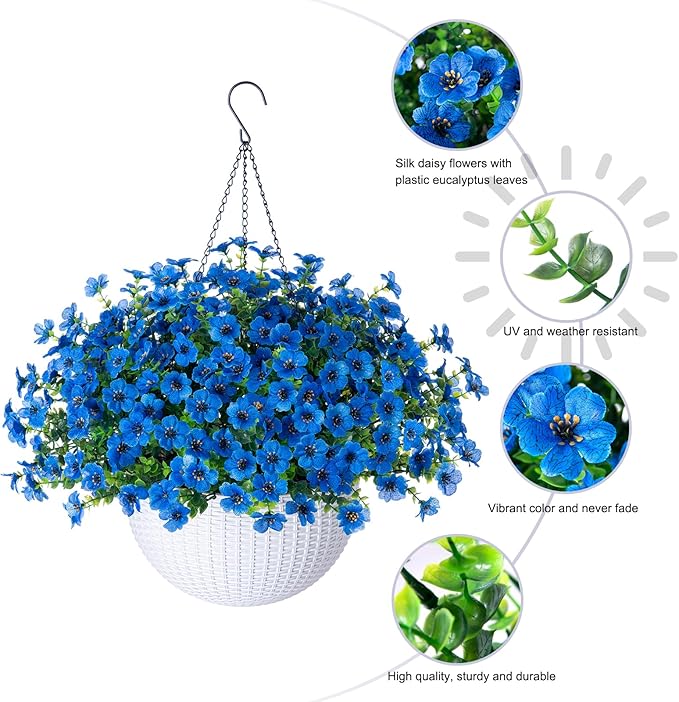 HyeFlora Artificial Fake Hanging Plants Flowers Basket for Outdoor Outside Decoration, Faux Silk Blue Daisy UV Resistant Look Real for Porch Patio Balcony Home Yard