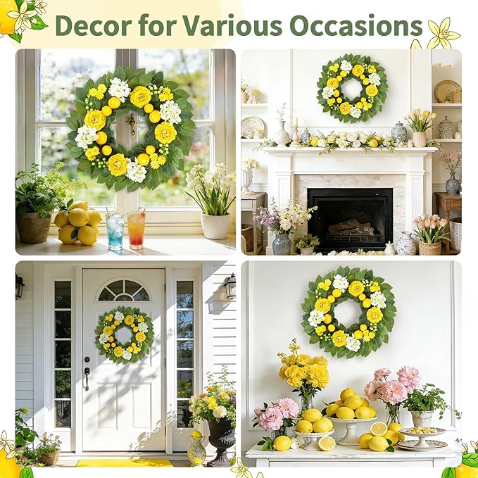Summer Lemon Wreaths for Front Door, 22 Inch Yellow Summer Wreath Decorations with Peony, Hydrangea, Berries for Farmhouse Porch Wall Window Home Kitchen Decor