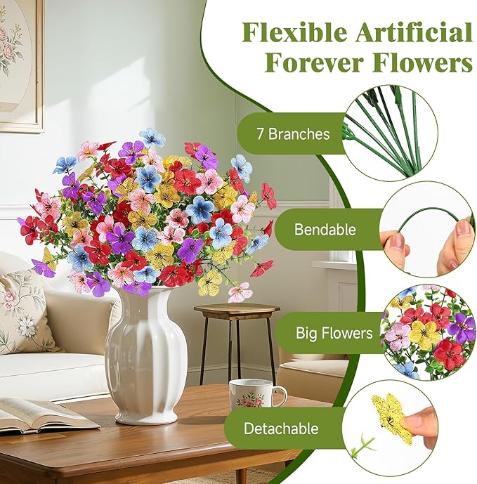 Alupssuc 20 Bundles Artificial Flowers for Outdoor Indoor Decoration, UV Resistant No Fade Fake Plants Eucalyptus, Colorful Faux Spring Flowers for Outside Yard Porch Patio Garden Home Window Box