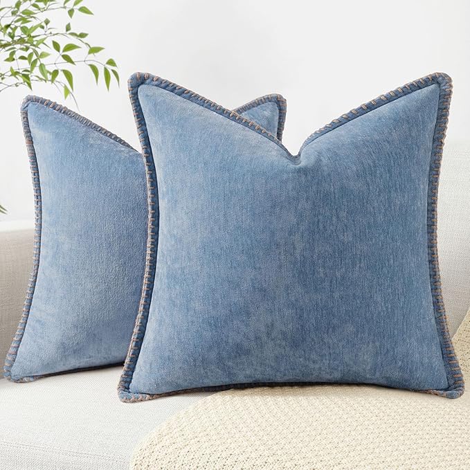 decorUhome Chenille Soft Cozy Throw Pillow Covers 26x26 Set of 2, Modern Farmhouse Boho Velvet Decorative Euro Sham Pillow Cases with Stitched Edge for Couch Sofa Bed Home Decor, Blue