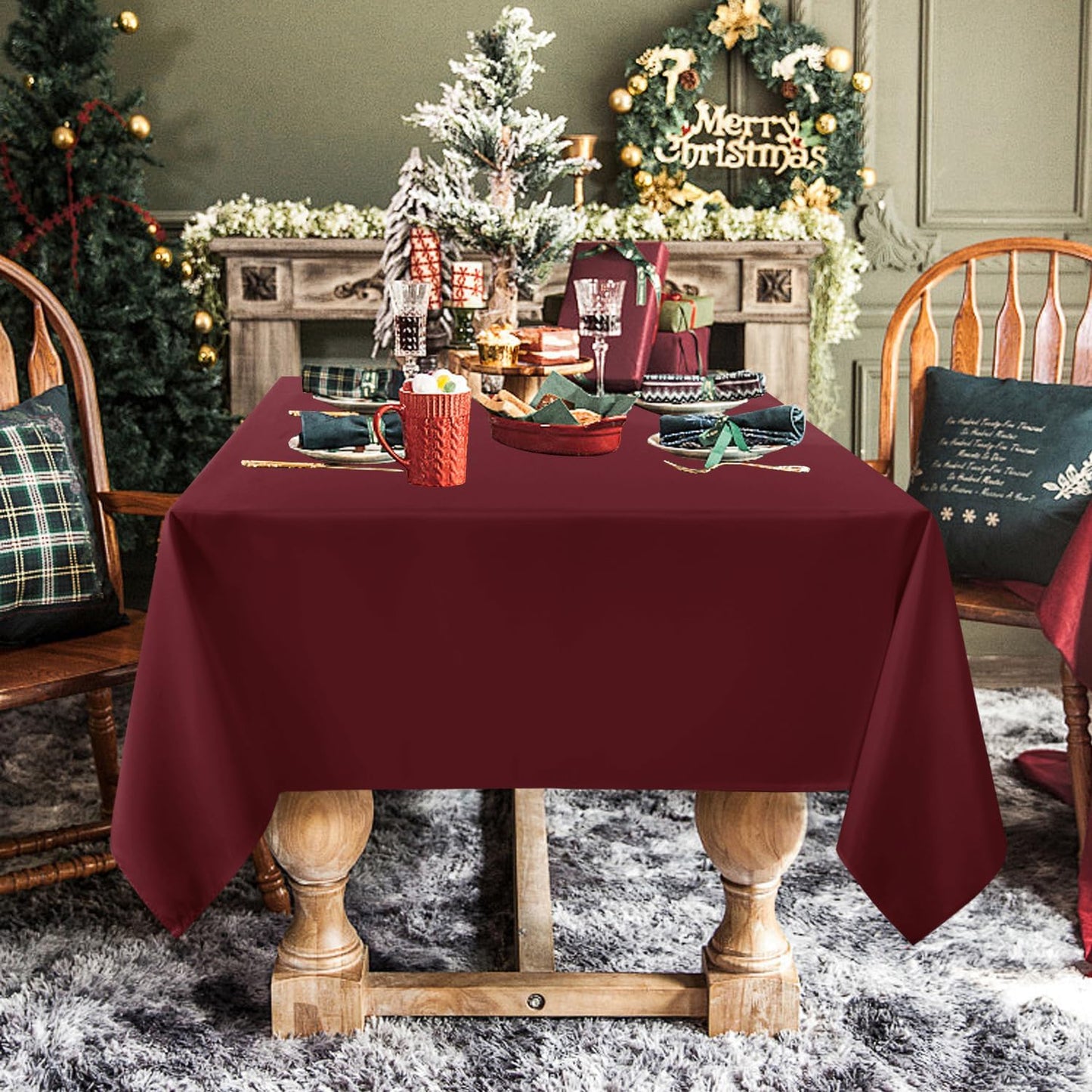 sancua Rectangle Tablecloth - 60 x 84 Inch - Stain and Wrinkle Resistant Washable Polyester Table Cloth, Decorative Fabric Table Cover for Dining Tables, Buffet Parties and Camping, Burgundy